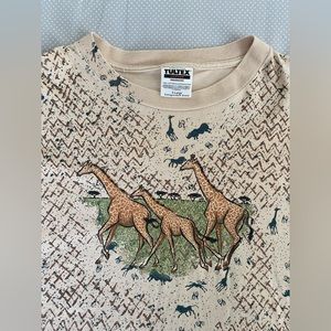 Vintage 90s All Over Print T-Shirt Giraffe Aztec Cape May County Zoo XL USA Tag